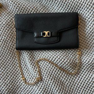 Tory Burch Black Leather Crossbody Wallet with Gold Chain